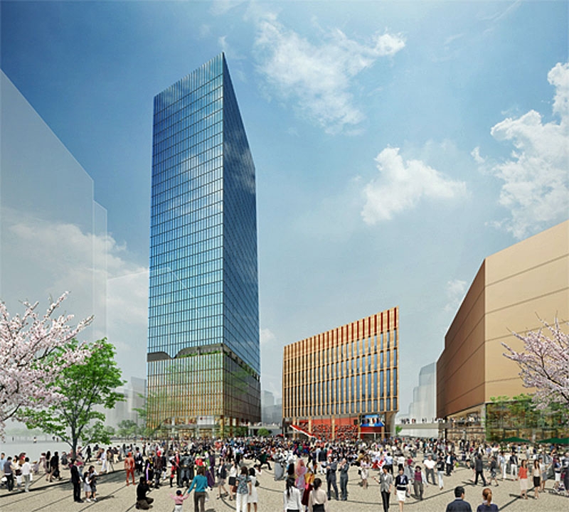  オフィス・商業棟（左）とホール棟（右）の完成予想図。豊島区は区独自の事業として、ホール棟に隣接する現区民センターの建て替えも計画している（資料：東京建物）