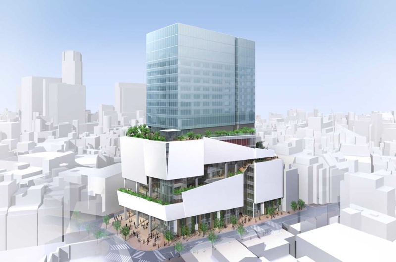  渋谷パルコ建て替え計画の完成イメージ。敷地北側からみた全体像（資料：パルコ）