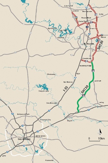 SH130の位置。緑色はコンセッション会社が運営する有料道路、赤色は州が手がけるその他の有料道路（資料：テキサス州運輸局の路線図に日経不動産マーケット情報が一部加筆）