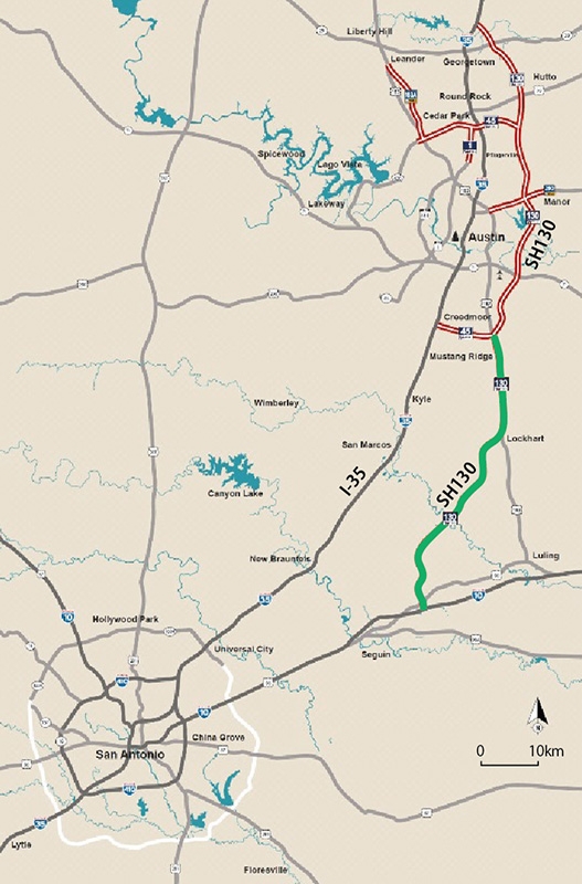  SH130の位置。緑色はコンセッション会社が運営する有料道路、赤色は州が手がけるその他の有料道路（資料：テキサス州運輸局の路線図に日経不動産マーケット情報が一部加筆）