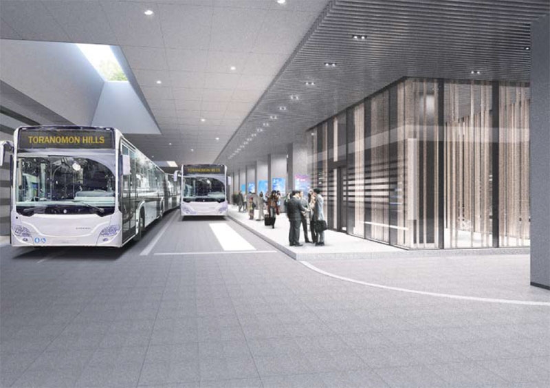  1階に配置するバスターミナル。2020年東京五輪の施設が集まる臨海部や空港などを結ぶ（資料：森ビル）